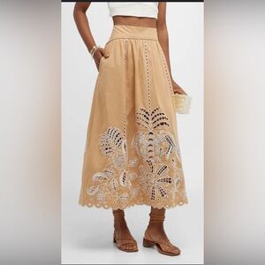 Farm Rio Sand Richelieu Embroidered Midi Skirt